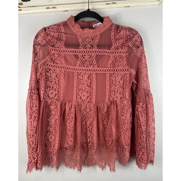 ReadySkylar + Jade Lace Top Boho Chic Long Sleeves Rose High Neck Medium - Picture 1 of 8